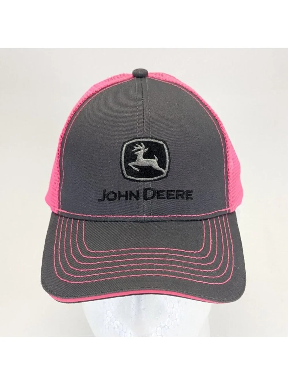 John Deere Womens Trucker Hat Pink Gray Embroidered Logo Mesh Back Cap